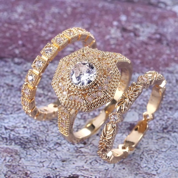New Women’s 3pc/Set Yellow Gold Plated Diamond Ring - Picture 5 of 6